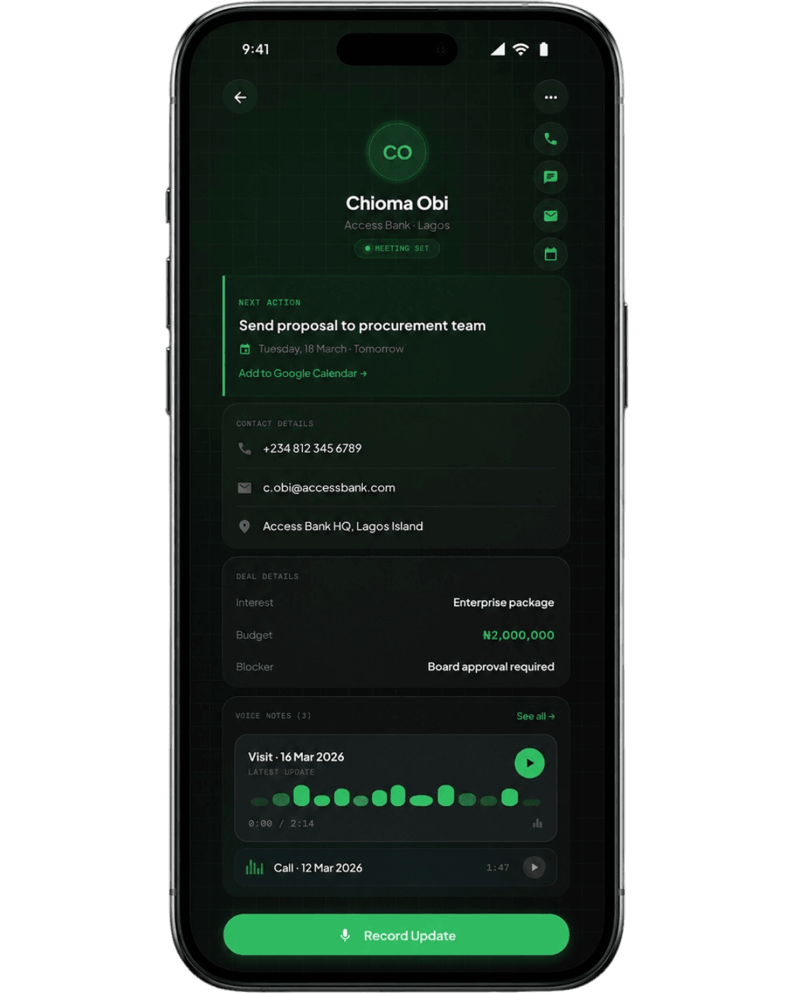 Closum Deal Details mobile screen showing contact details, next action, deal value, and voice notes.