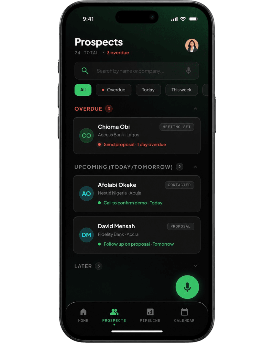 Closum Prospects mobile screen showing overdue and upcoming prospect follow-ups.